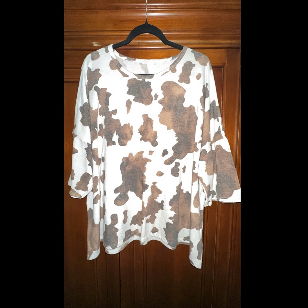 Brown & White Cow Print 3/4 Length Sleeve Top
